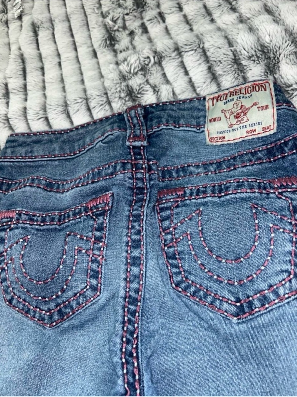 True Religion Women's Blue Denim Jeans with Pink Stitching